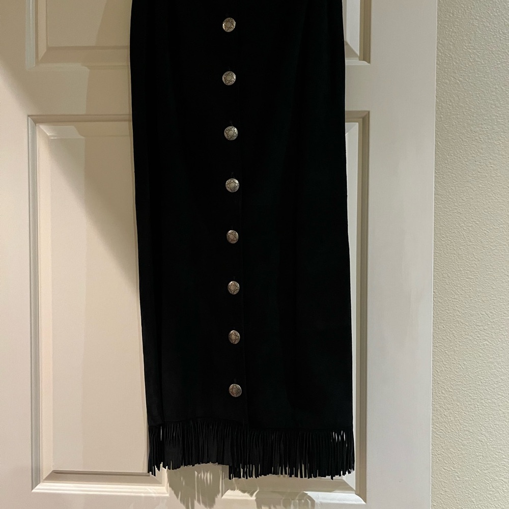 Long Straight Black Fringe Suede Leather Skirt with Conch Buttons down the front